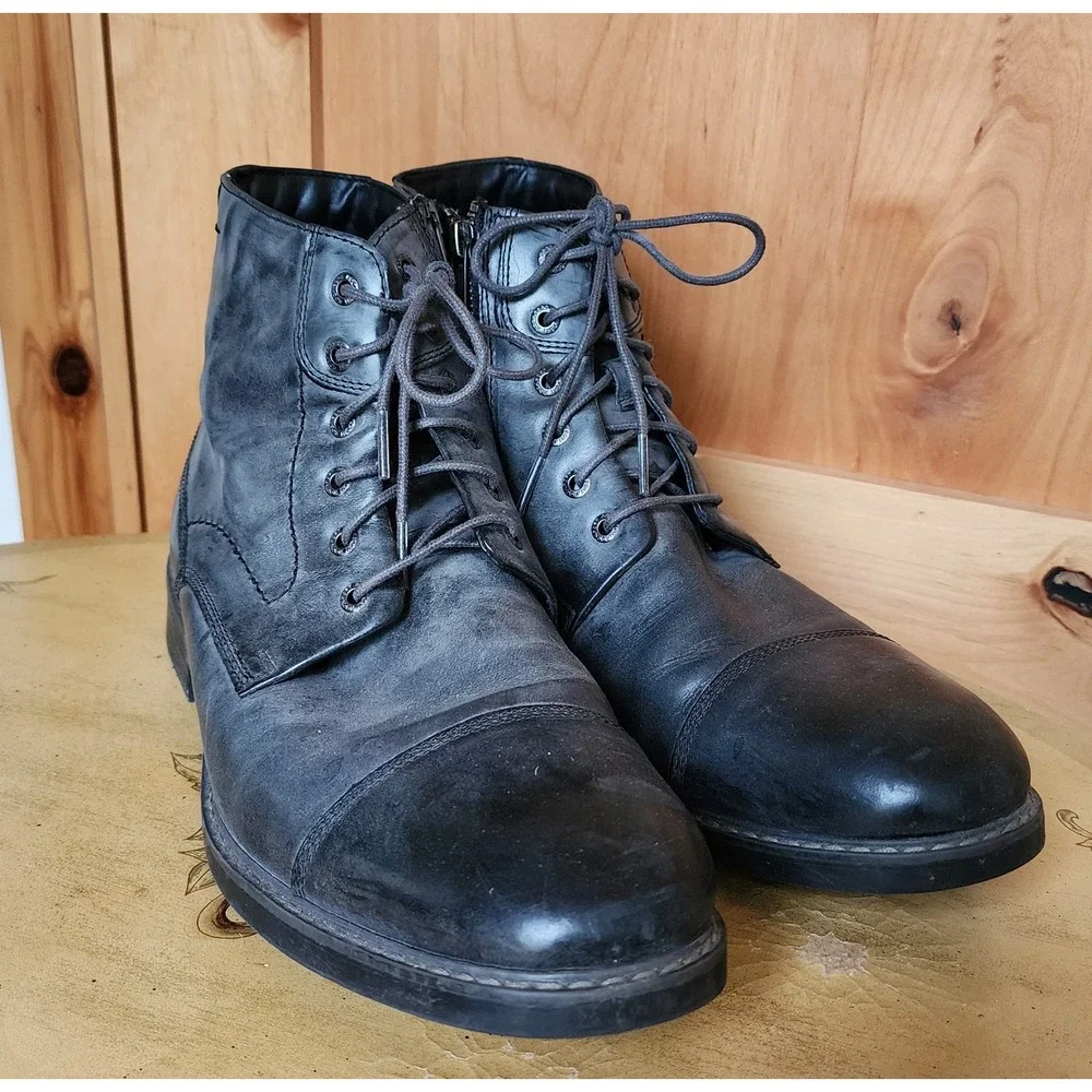 Rockport‎ US 11 Gray 100% Leather Lace Up High Top Combat Boots Moto Grunge Punk